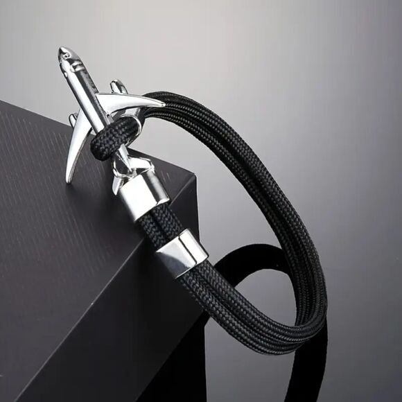 Men's Chic Stylish Jet Charm Airplane Aviation Pilot Cord Bracelet - Picture 4 of 4